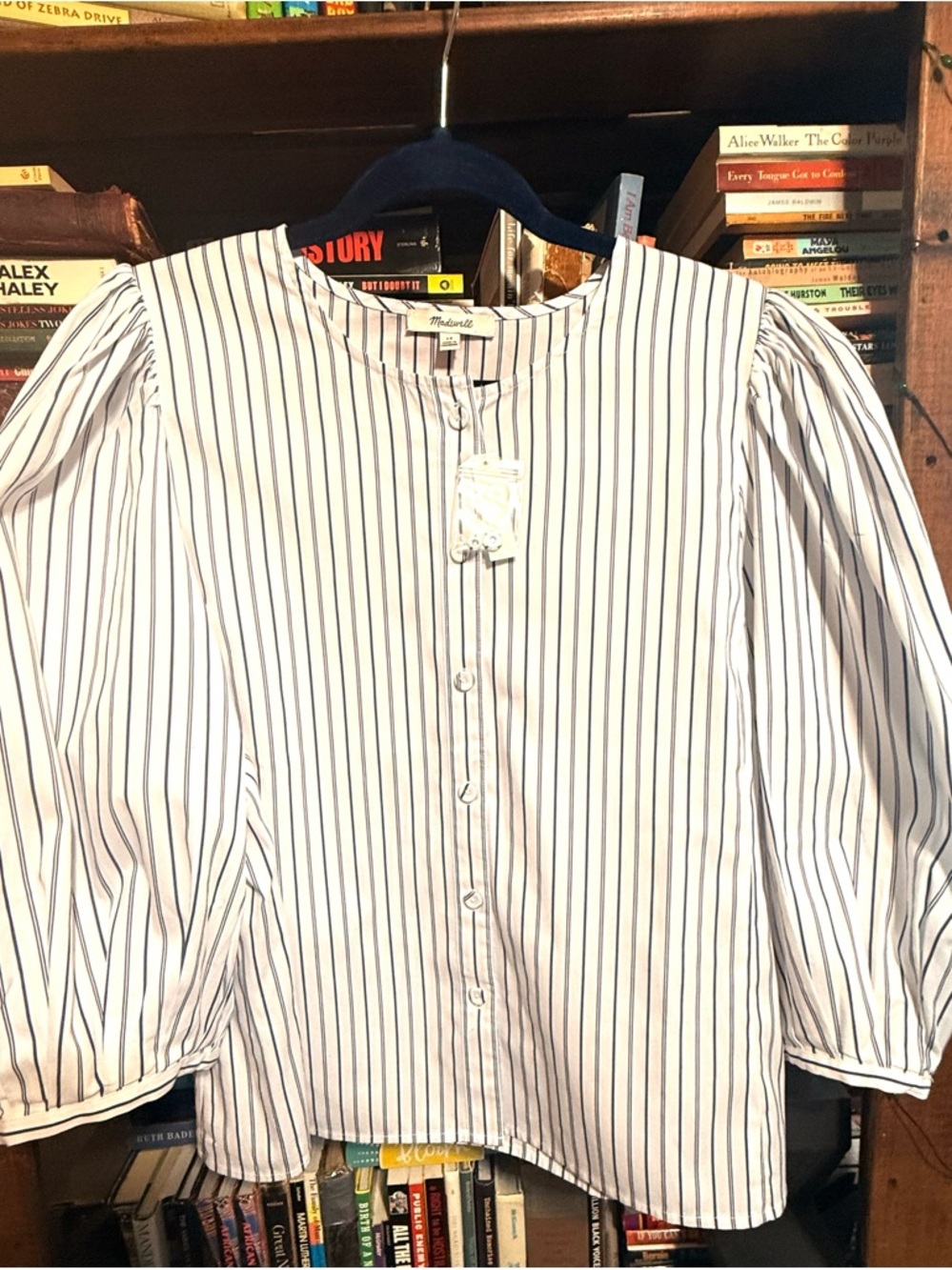 Madewell White Button-Front Blouse with Navy Stripe